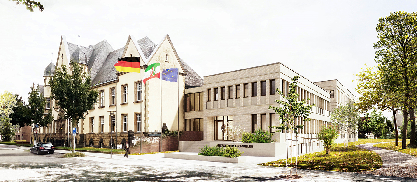 Ein Foto von der Erweiterung des Amtsgerichts in Eschweiler durch die BLB NRW Aachen von außen fotografiert